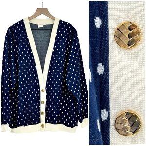 Vintage Cardigan Sweater Navy Cream Polka Dot Gold Buttons Made in USA | Size L
